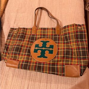 Tory Burch Multicolor Plaid Tote with Leather Accents